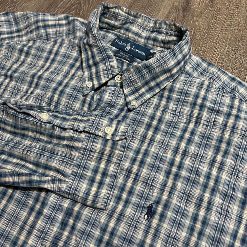 Ralph Lauren Button Down Shirt‎ XL Blue Plaid Blake 100% Cotton Long Sleeve